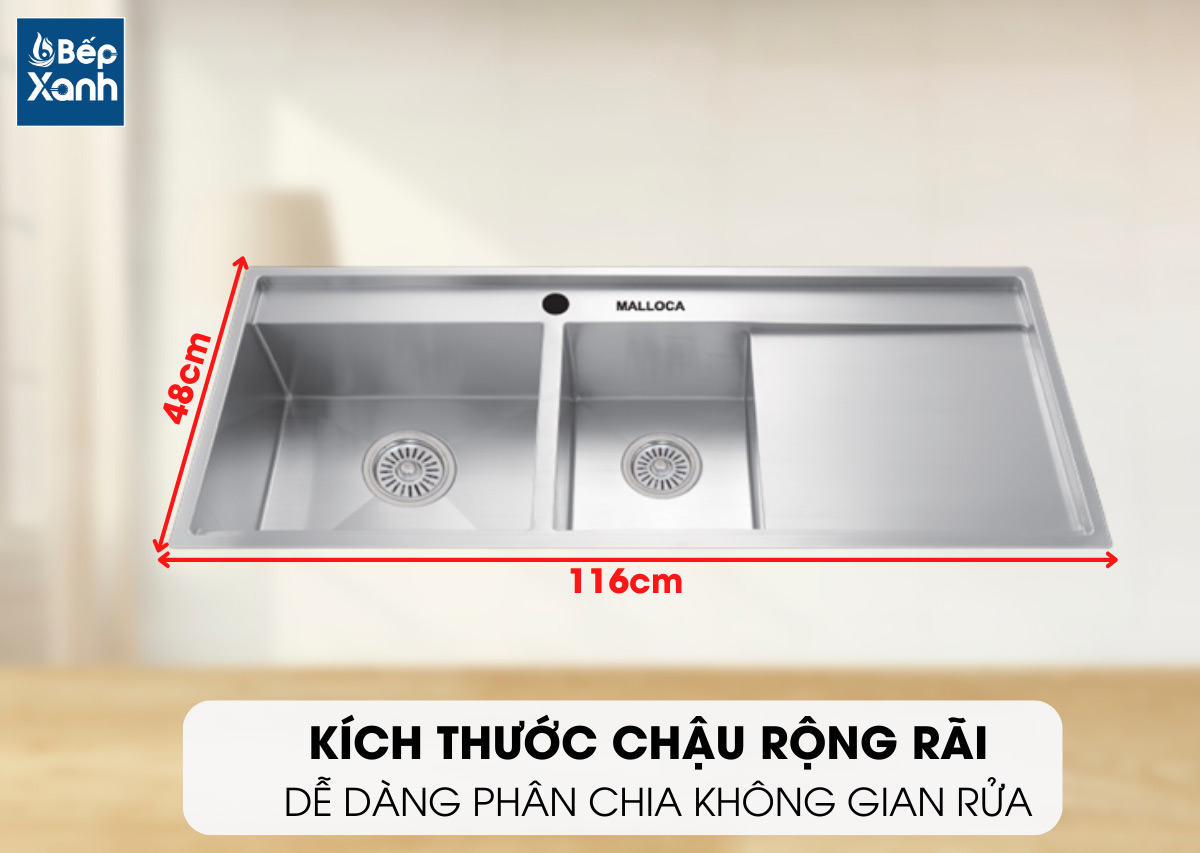 Kích thước chậu rộng rãi với nhiều không gian rửa của chậu MS-6306