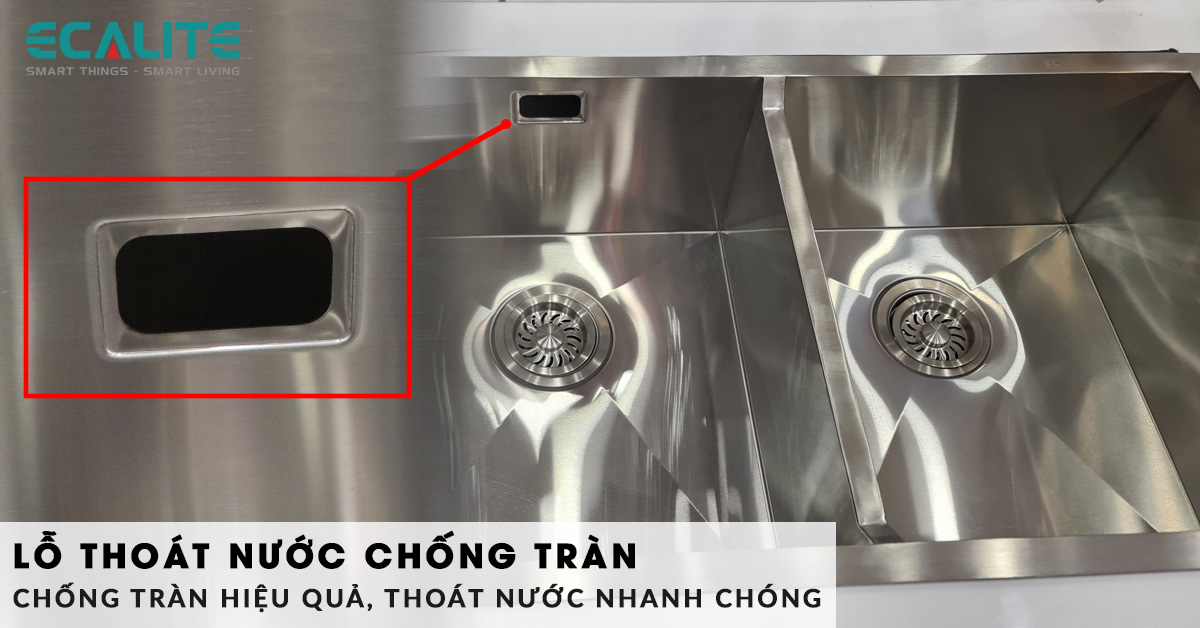 Chậu rửa Ecalite ESD-8046HS được thiết kế lỗ thoát nước chống tràn hiệu quả