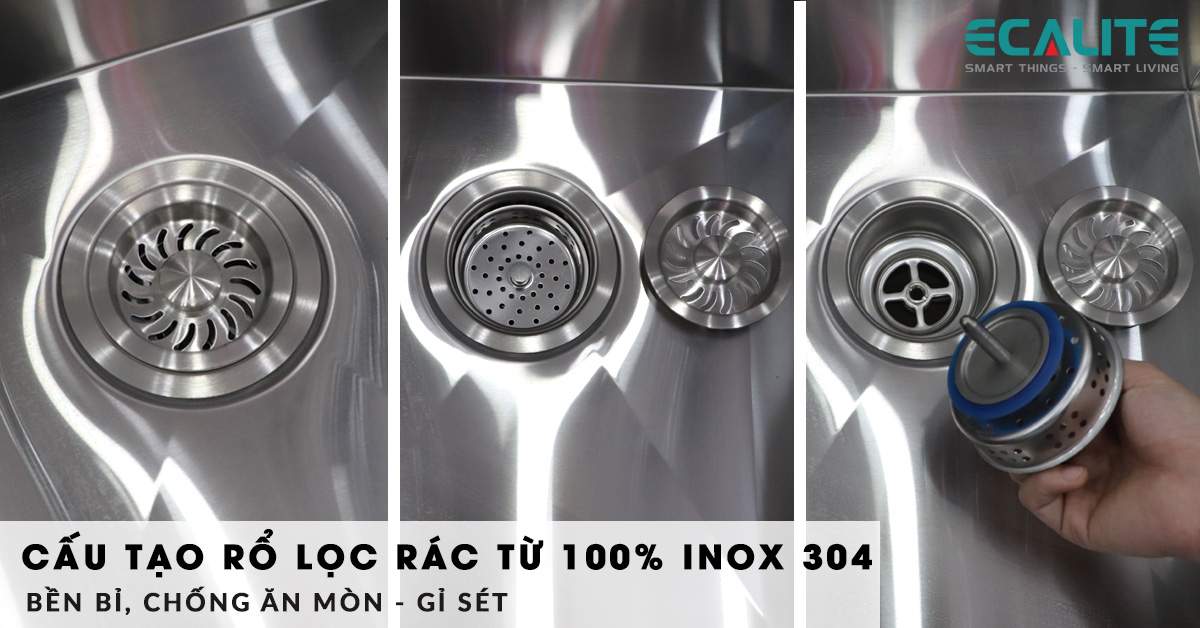 Cấu tạo rổ lọc rác của chậu rửa chén hố ESD-8046HS làm từ 100% inox 304