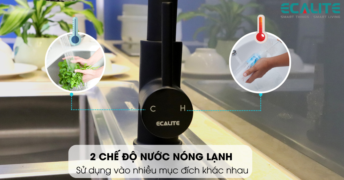 2 chế độ nước nóng lạnh của vòi rửa chén nóng lạnh Ecalite EF-K102B