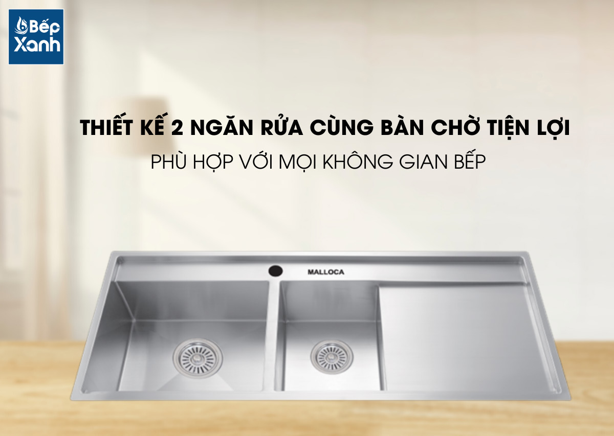 Thiết kế 2 ngăn rửa rộng rãi kết hợp bàn chờ của chậu Malloca MS-6306