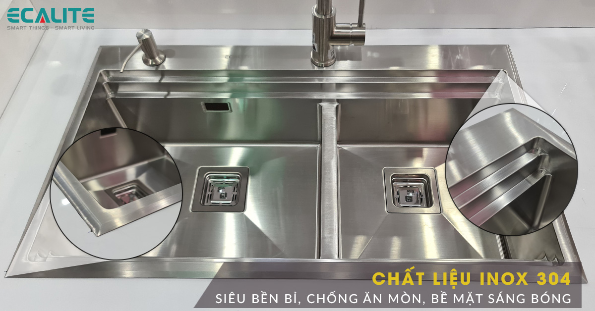 Chậu rửa chén Ecalite ES-N28550HS được cấu tạo từ inox 304