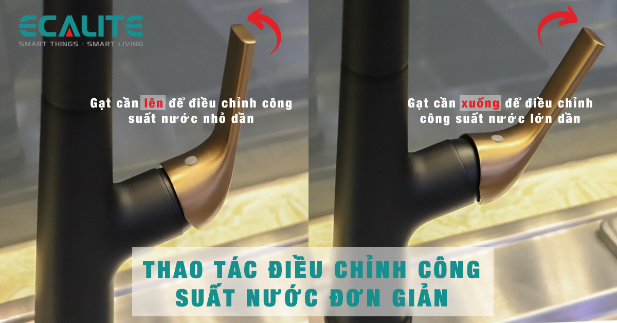 Thao tác điều chỉnh công suất nước của vòi rửa chén Ecalite EF-K569BR