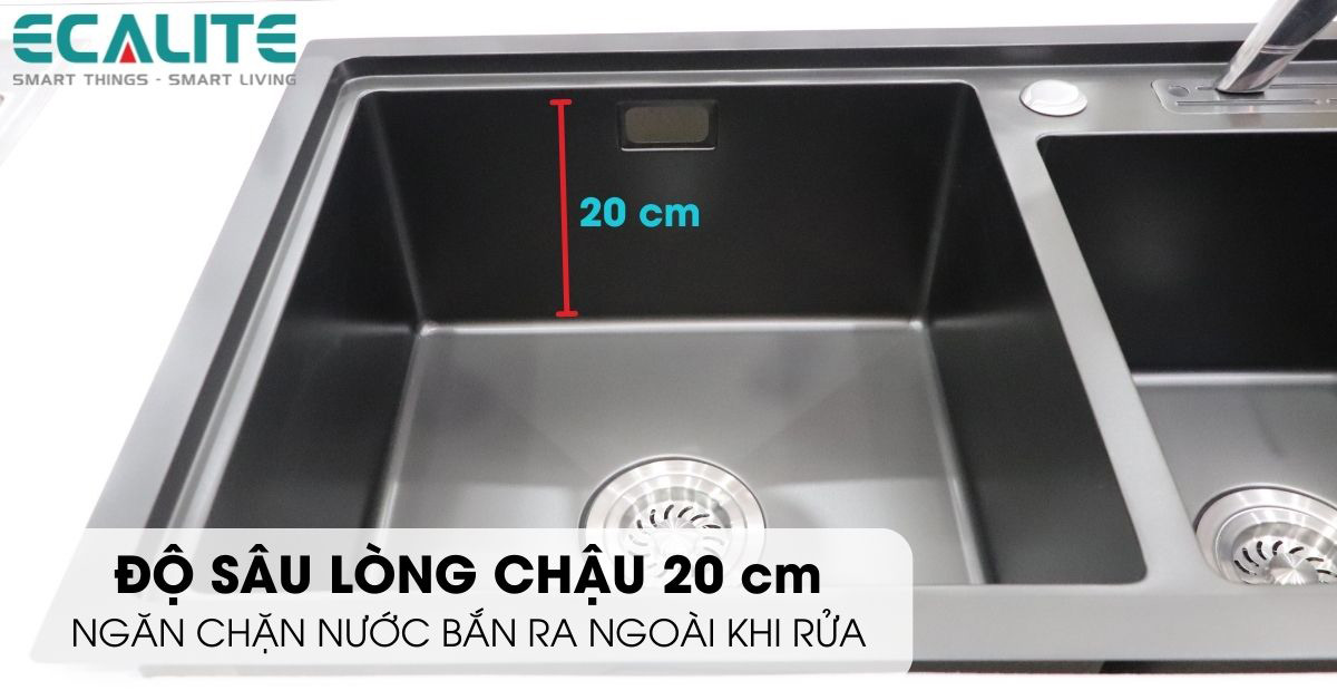 Độ sâu lòng chậu 20cm của chậu rửa chén Ecalite ESD-8245HB