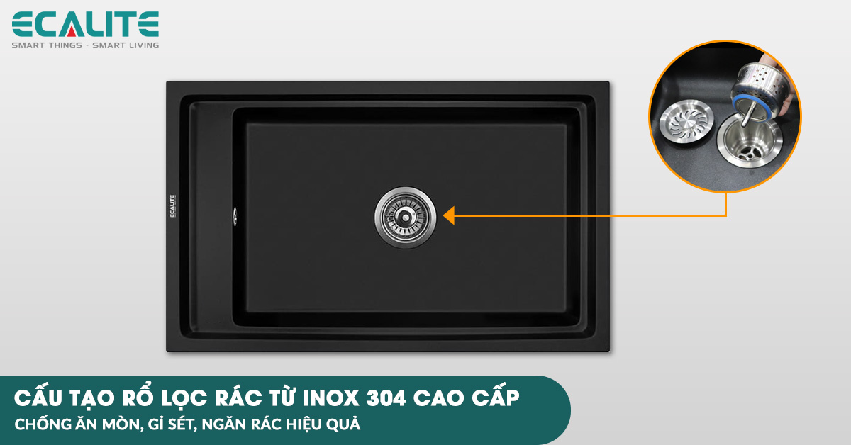 Rổ lọc rác của chậu rửa chén đá Ecalite EGS-6004.7948B được làm từ inox 304 cao cấp - chống gỉ set