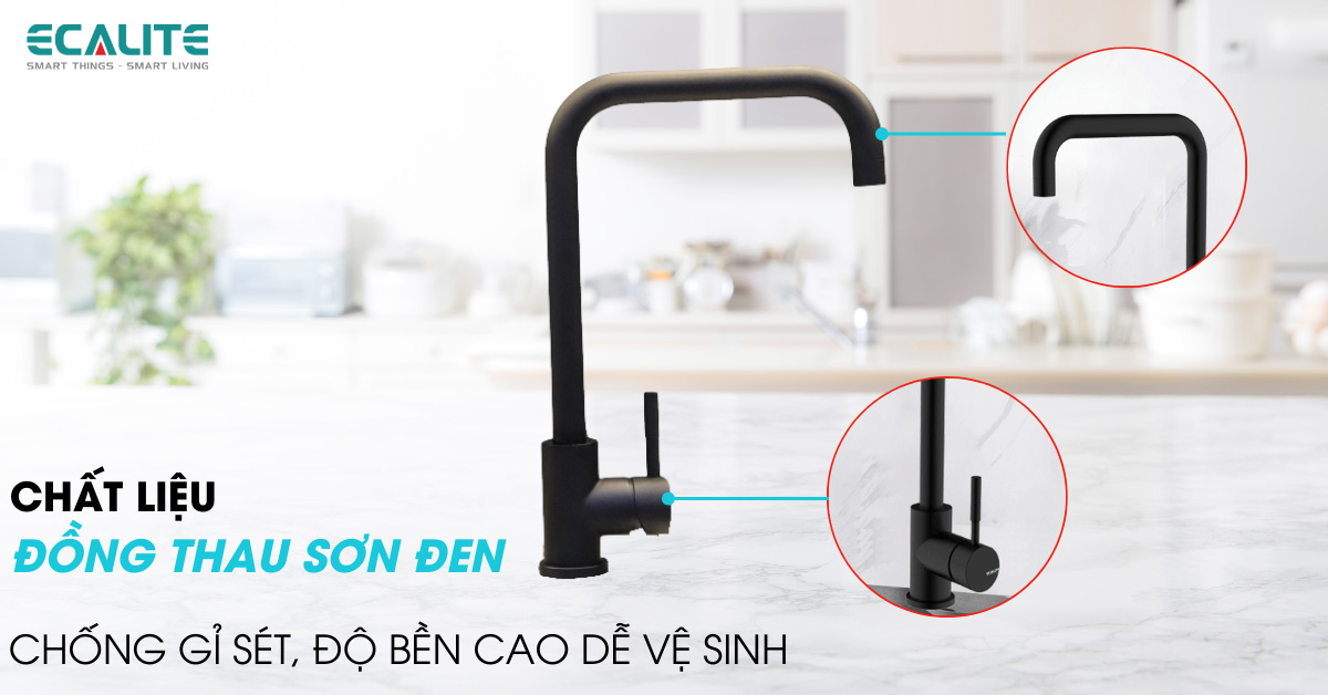 Chất liệu đồng thau sơn đen của vòi rửa chén nóng lạnh Ecalite EF-K128B