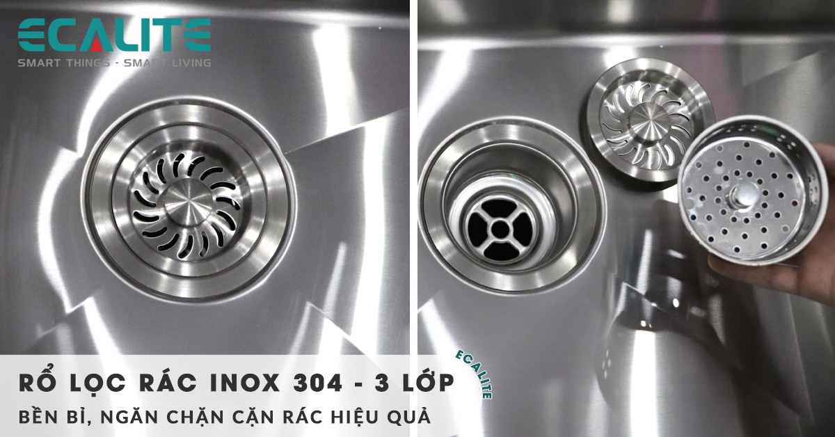 Rổ lọc rác của chậu rửa chén Ecalite ESD-8650HS có cấu tạo 3 lớp làm từ inox 304