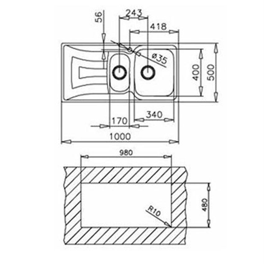 Kích thước lắp đặt của chậu rửa Teka Universo 1 1/2B 1D