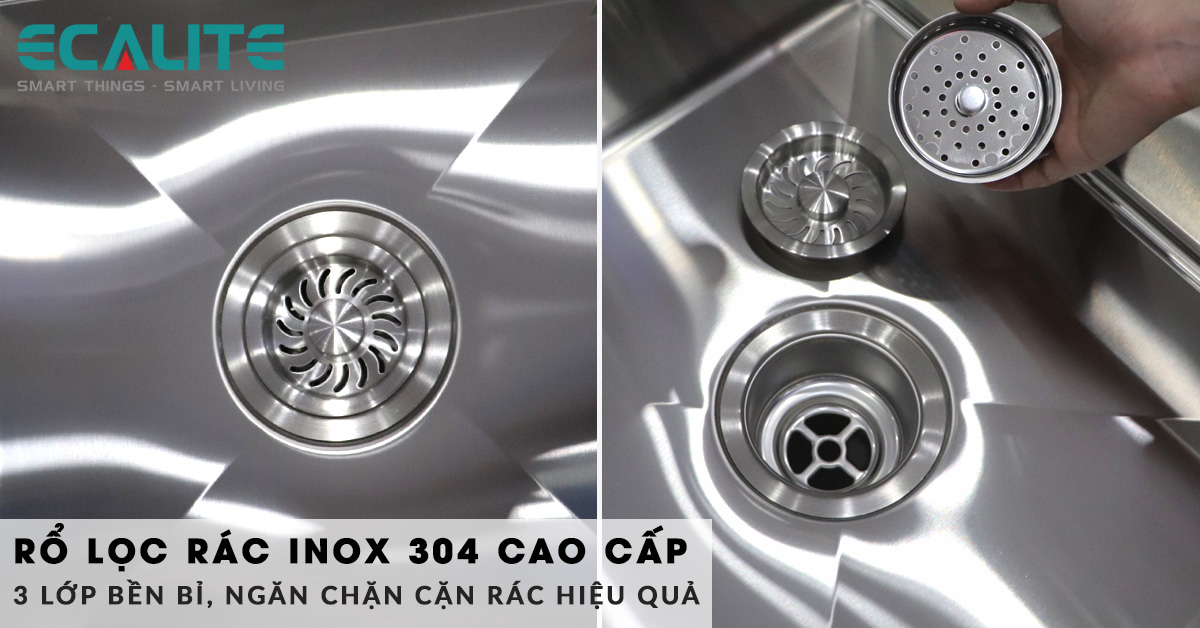 Cấu tạo 3 lớp rổ lọc rác inox 304 giúp ngăn chặn cặn rác hiệu quả 